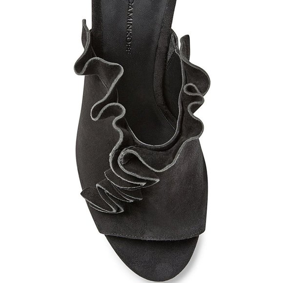 Rebecca Minkoff Jaxon Mules Black Suede Ruffled Heels Sandals - Picture 9 of 9